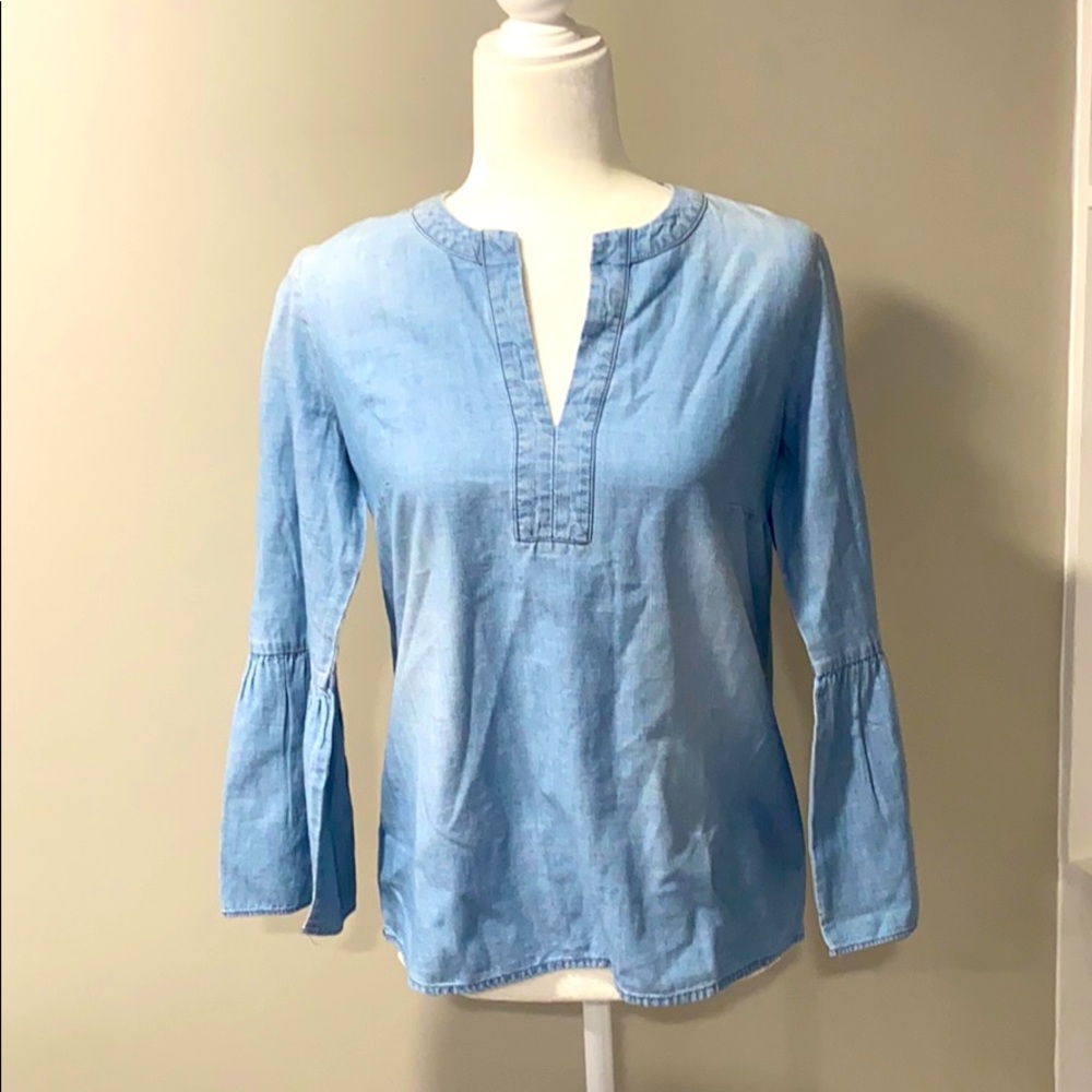 J- Crew 3/4 bell sleeve top. Blue denim v-neck